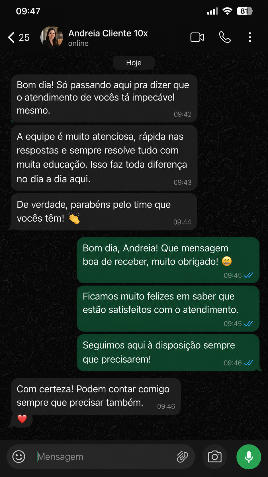 Mensagem real de cliente elogiando o atendimento da MENDS