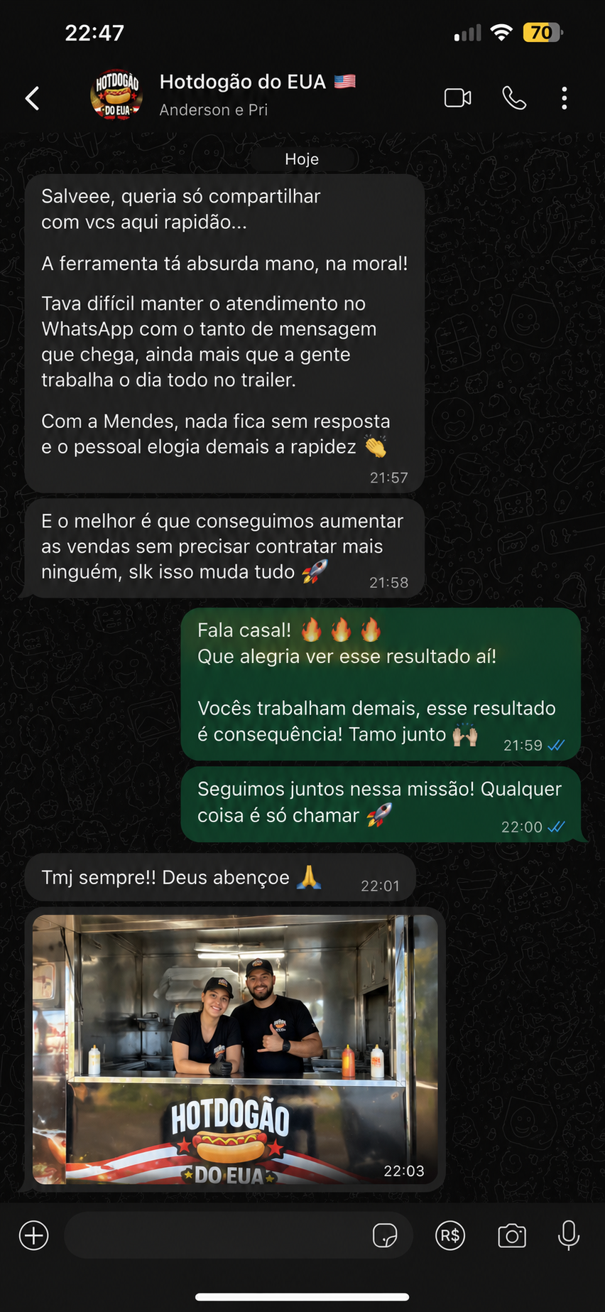 Mensagem real do Hotdogão do EUA elogiando a ferramenta da MENDS
